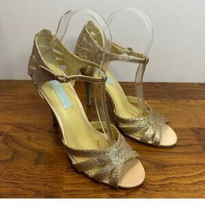 Betsey Johnson SB-Tee Glitter Strappy Heels Women’s 7.5 Champagne Gold Party